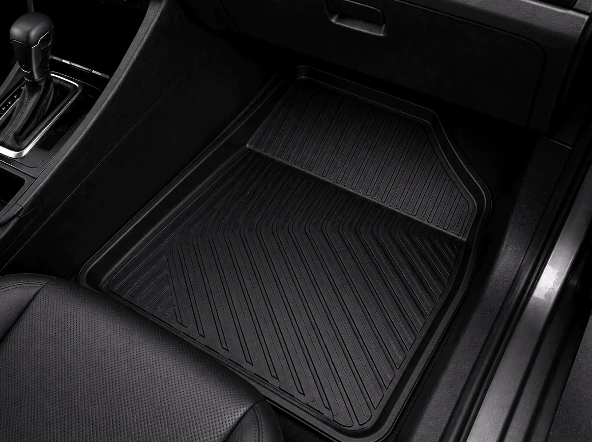 Textured protective floor mat with raised perimeter